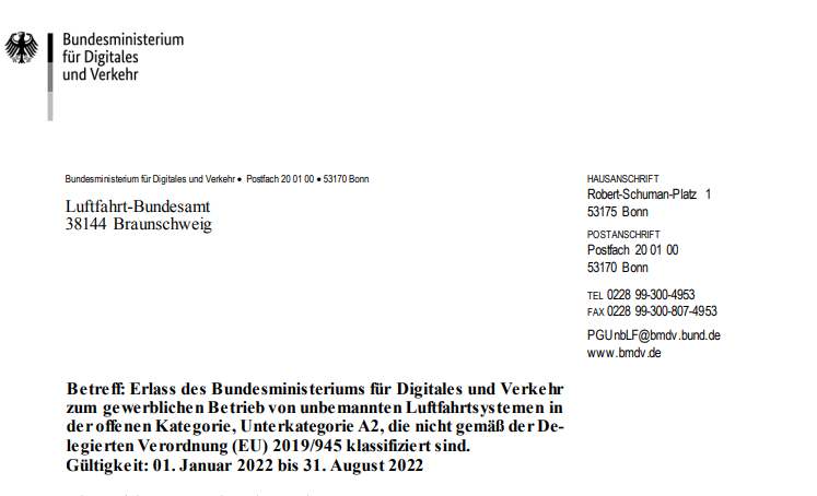 Verordnung des BMDV über den gewerblichen Betrieb von UAS in der offenen Kategorie, Unterkategorie A2, die nicht klassifiziert sind.