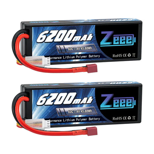 Zeee 2S Lipo Akku 6200mAh 7,4V 60C Hartschalenkoffer mit Deans T Anschluss für RC Fahrzeuge Auto LKW Truggy Boot Racing Hobby (2 Stück)   LiPo24.de