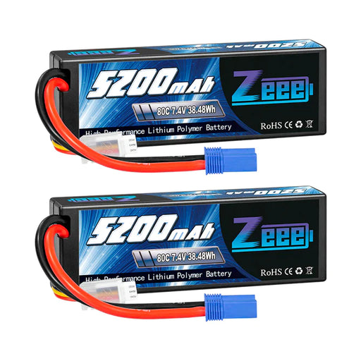 Zeee 2S Lipo Akku 5200mAh 7,4V 80C Hartschalenkoffer mit EC5 Stecker Kompatibel mit 1/8 1/10 RC Car (2 Pack)   LiPo24.de