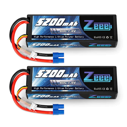 Zeee 2S Lipo Akku 5200mAh 7.4V 80C Hard Case mit EC3 Stecker für 1/8 1/10 RC Fahrzeuge Auto (2 Pack)   LiPo24.de