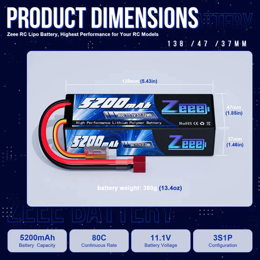 Zeee 3S Lipo Akku 5200mAh 11,1V 80C Hartschalenkoffer mit Deans Anschluss für RC Car   LiPo24.de