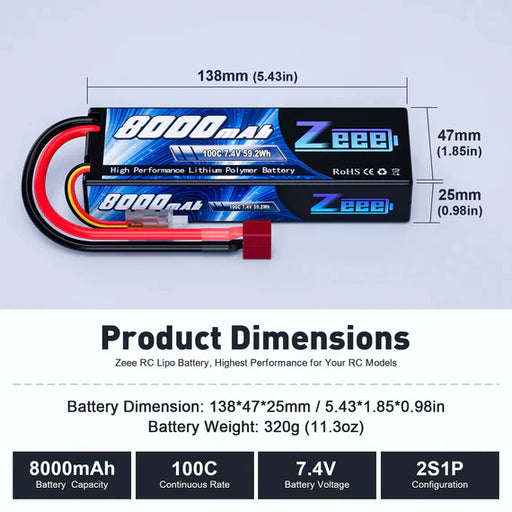 Zeee 2S Lipo Akku 8000mAh 7,4V 100C Hartcase Dean   LiPo24.de