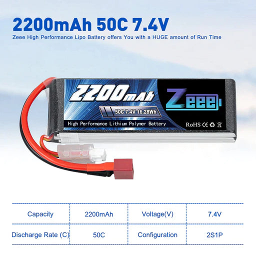 Zeee 2S Lipo Akku 2200mAh 7.4V 50C Soft Pack mit Deans Connector für RC Modelle (2er Pack)   LiPo24.de