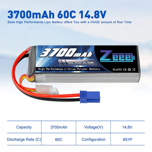 Zeee 4S Lipo Akku 3700mAh 14,8V 60C Soft Case mit EC5 Stecker für RC Flugzeug RC Modelle (2 Packungen)   LiPo24.de