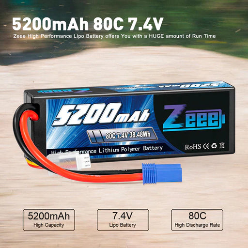 Zeee 2S Lipo Akku 5200mAh 7,4V 80C Hartschalenkoffer mit EC5 Stecker Kompatibel mit 1/8 1/10 RC Car (2 Pack)   LiPo24.de