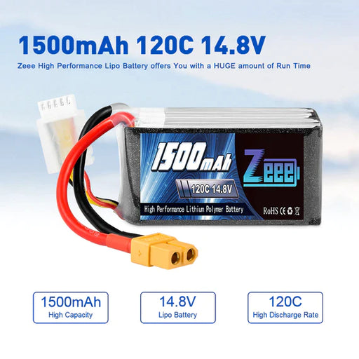 Zeee 4S Lipo Akku 1500mAh 14,8V 120C Graphen Akku mit XT60 Stecker für FPV RC Car RC Modelle (2 Pack)   LiPo24.de