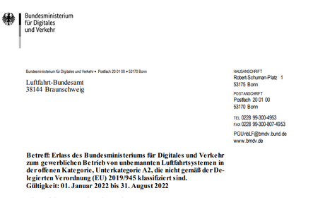 Verordnung des BMDV über den gewerblichen Betrieb von UAS in der offenen Kategorie, Unterkategorie A2, die nicht klassifiziert sind.