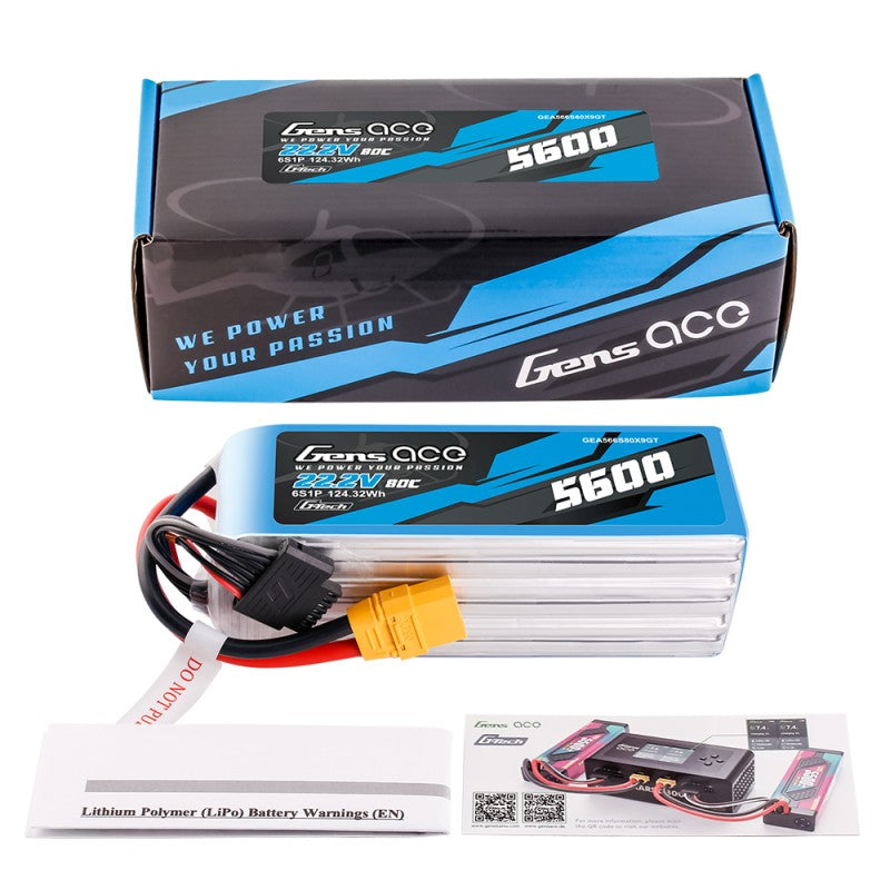 GensAce G-Tech 6S LiPo Akku 5600mAh 80C 22,2V 6S1P Lipo-Akkupack mit XT90-Stecker