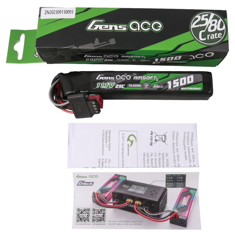 Gens ace G-Tech 25C 1500 mAh 3S1P 11,1 V Airsoft Lipo Akku mit T-Stecker