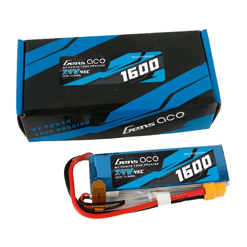 Gens Ace 1600mAh 7,4V 45C 2S1P Lipo Akkupack mit XT60 Stecker - LiPo24.de