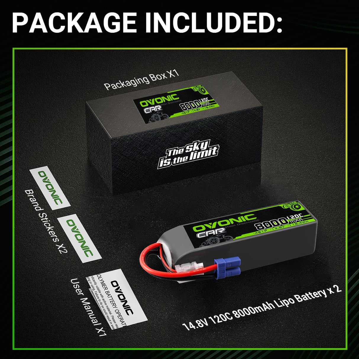 Ovonic Car 4S Lipo Akku 8000mAh 120C 14,8V RC Lipo Akku mit EC5 Stecker (2 Stück)