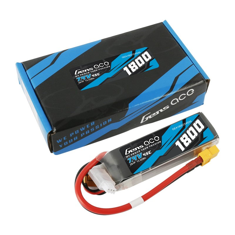 Gens Ace 1800mAh 7,4V 45C 2S1P Lipo Akkupack mit XT60 Stecker - LiPo24.de