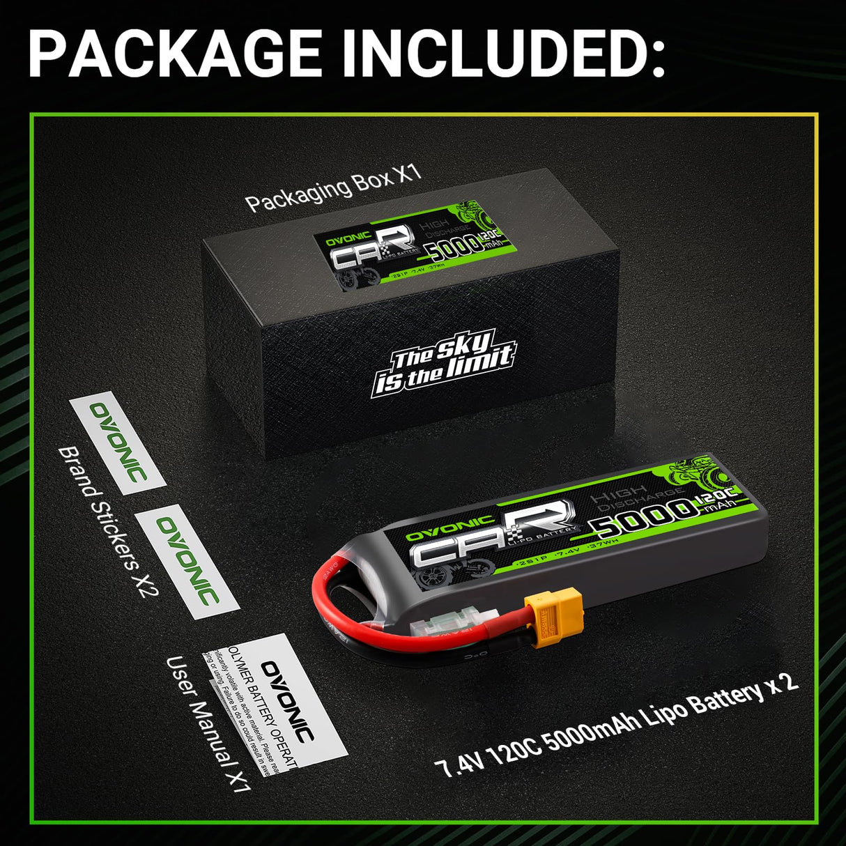 Ovonic Car 2S Lipo Akku 5000mAh 7,4V 120C mit TRA-Stecker (2 Stück)