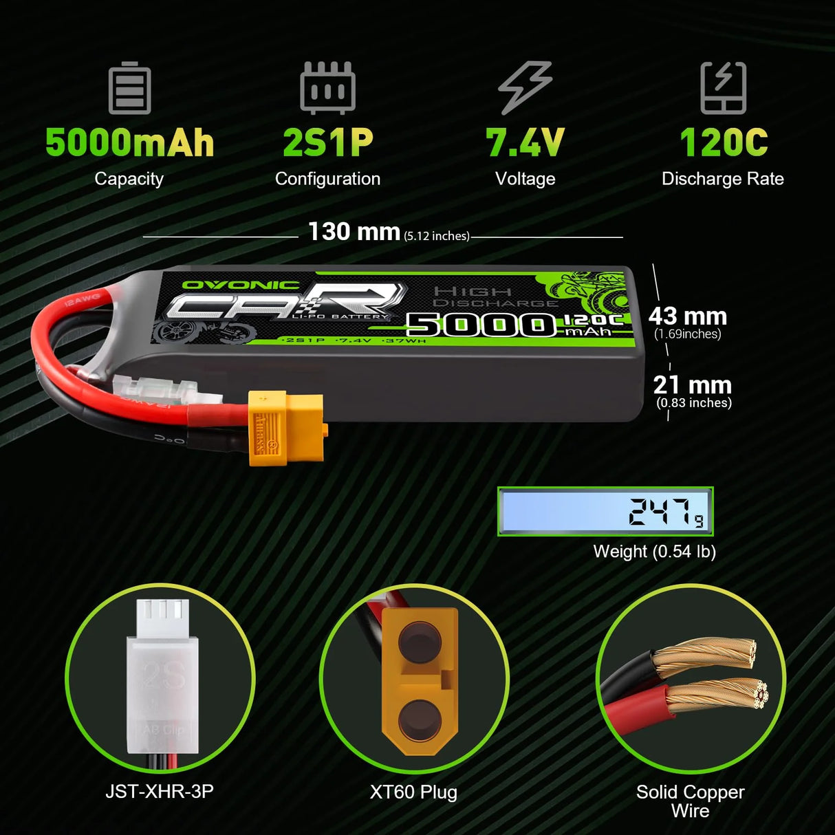 Ovonic Car 2S Lipo Akku 5000mAh 7,4V 120C mit TRA-Stecker (2 Stück)