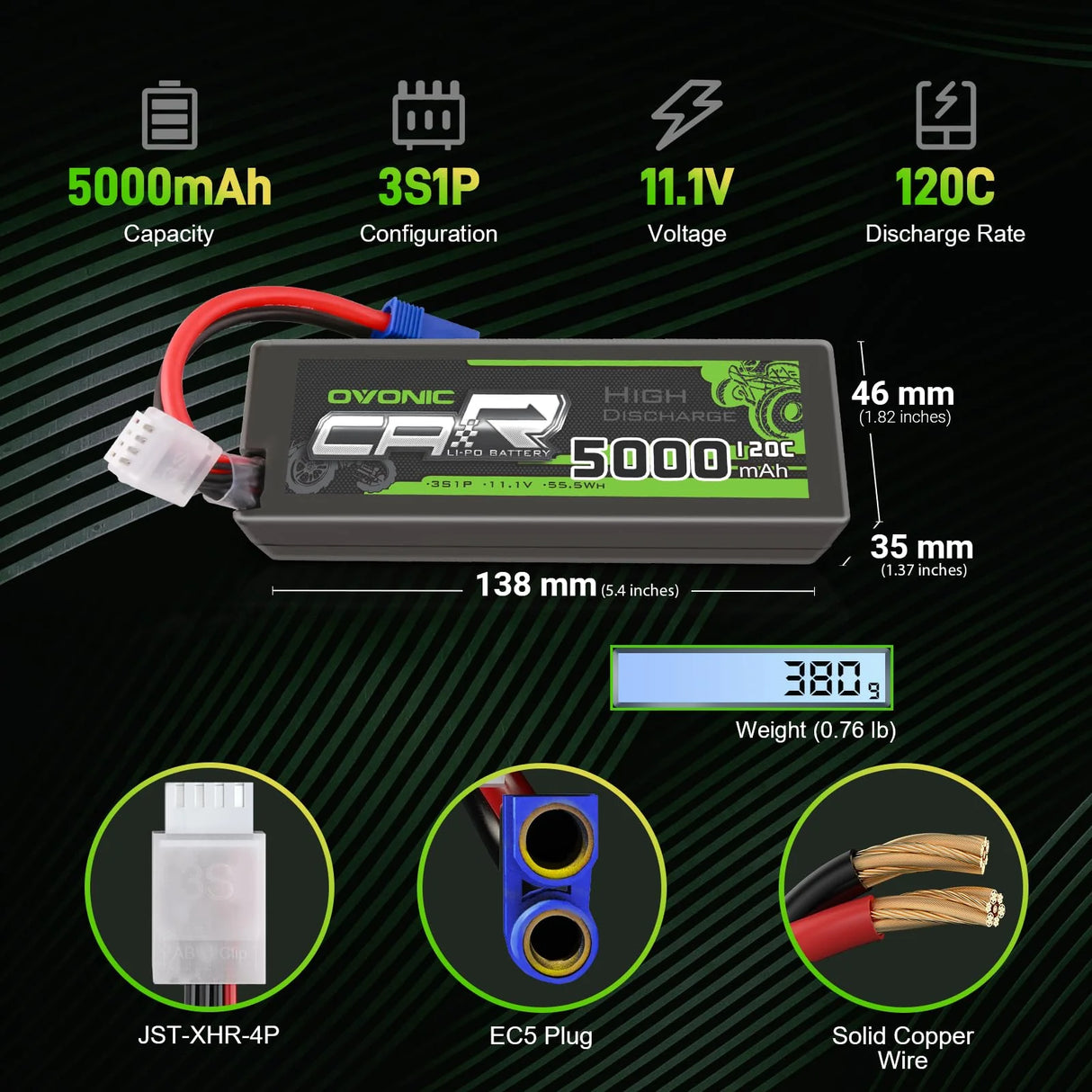 Ovonic Car 3S Lipo Akku 5000mAh 120C 11,1V mit EC5 Stecker (2 Stück)