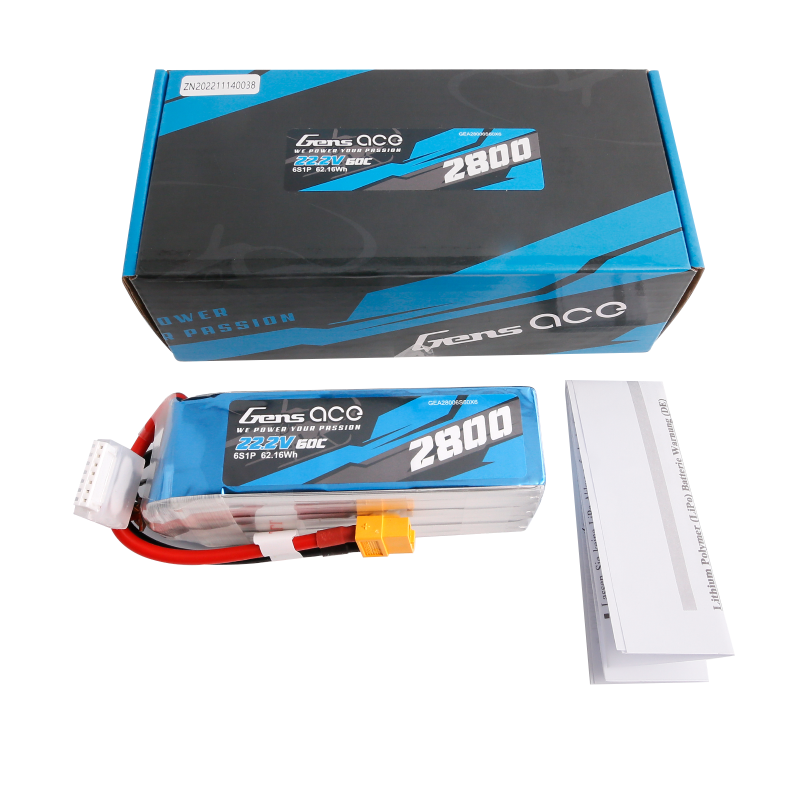 Gens Ace 2800mAh 22,2V 60C 6S1P Lipo Akkupack mit XT60 Stecker - LiPo24.de