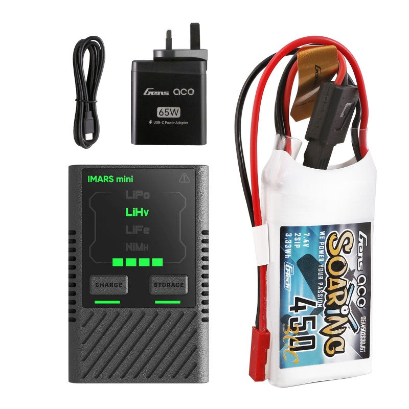 Gens ace G-Tech Soaring 450 mAh 7,4 V 30 C 2S1P Lipo + IMARS mini G-Tech USB-C 2-4S 60 W RC-Akkuladegerät mit Netzteil und Adapterkabel – EU-Paket