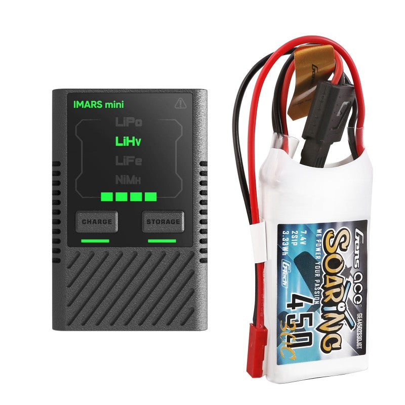 Gens Ace G-Tech Soaring 2S 450mAh 7,4V 30C 2S1P Lipo + IMARS mini G-Tech USB-C 2-4S 60 W RC-Akkuladegerät im Paket