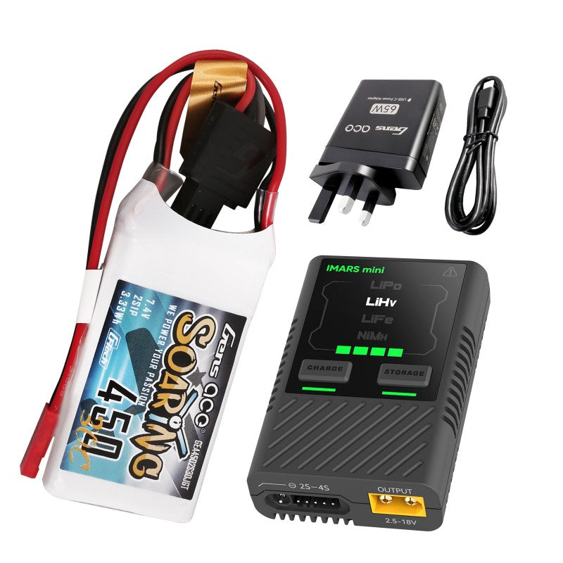 Gens ace G-Tech Soaring 450 mAh 7,4 V 30 C 2S1P Lipo + IMARS mini G-Tech USB-C 2-4S 60 W RC-Akkuladegerät mit Netzteil und Adapterkabel – EU-Paket