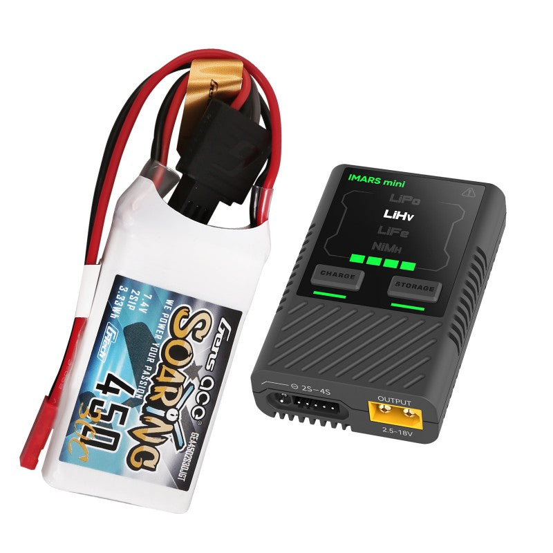 Gens Ace G-Tech Soaring 2S 450mAh 7,4V 30C 2S1P Lipo + IMARS mini G-Tech USB-C 2-4S 60 W RC-Akkuladegerät im Paket