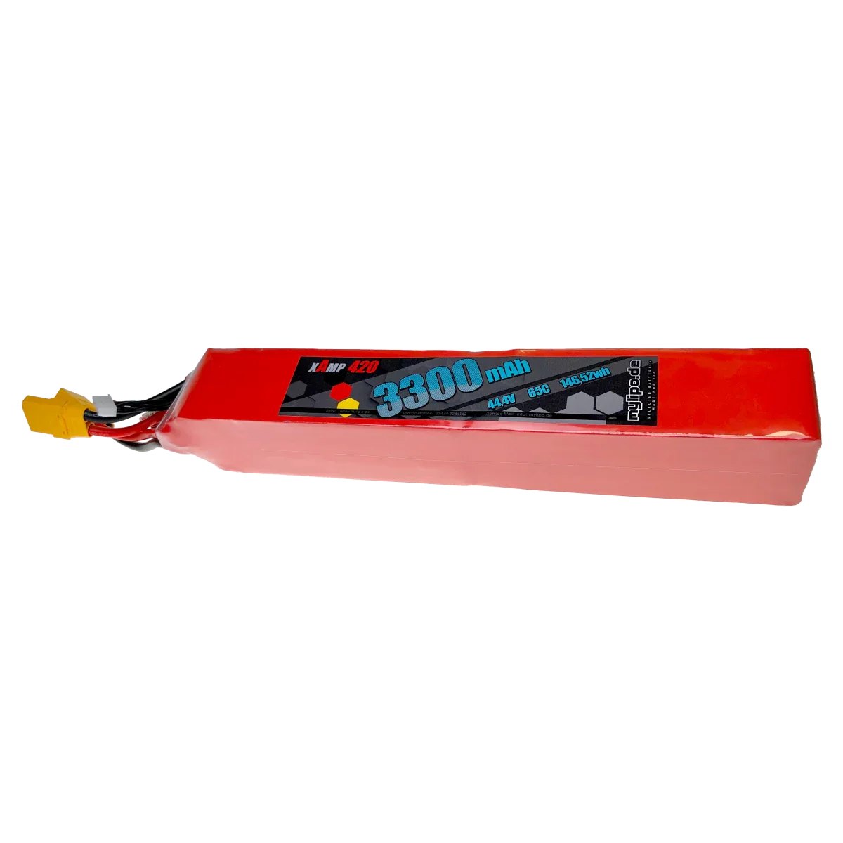 Mylipo Lipo Akku 3300mAh 44,4V 12S 65C lang, geteilt XT90 - LiPo24.de