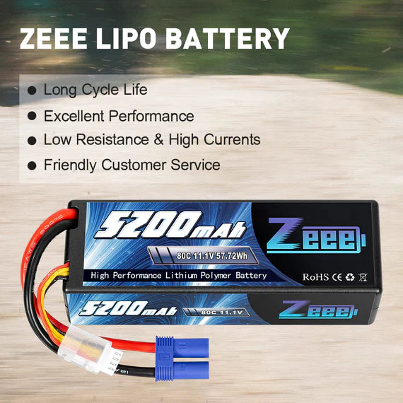 Zeee 3S Lipo Akku 5200mAh 11.1V 80C mit EC5 Anschluss Hardcase Akku für RC Car Racing Modelle (2 St.)) - LiPo24.de