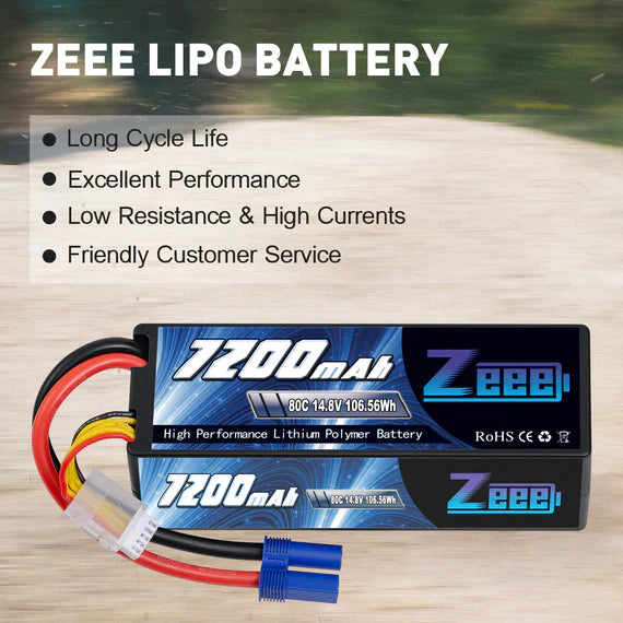 Zeee 4S Lipo Akku 7200mAh 14,8V 80C mit EC5 Anschluss Hartschalenkoffer für RC Car RC Racing Modelle (2 St.) - LiPo24.de