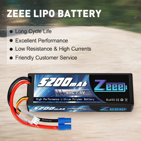Zeee 2S Lipo Akku 5200mAh 7.4V 80C Hard Case mit EC3 Stecker für 1/8 1/10 RC Fahrzeuge Auto (2 Pack) - LiPo24.de