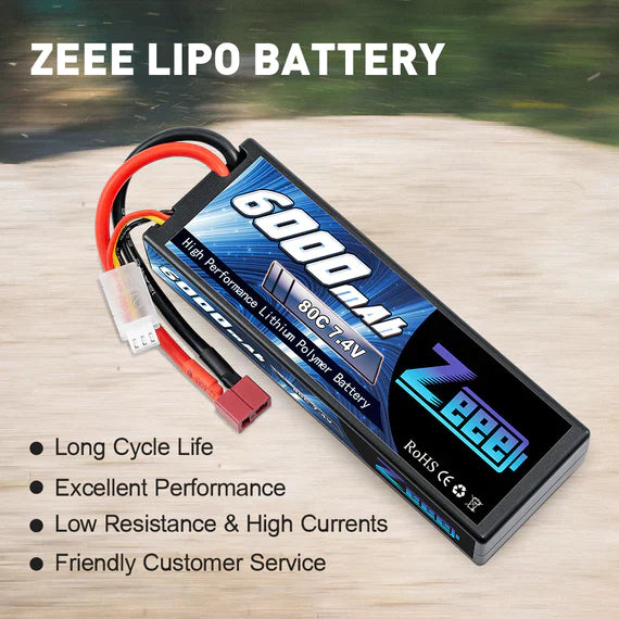 Zeee 2S Lipo Akku 6000 mAh 7,4 V 80 C Hartschalenkoffer mit Deans Anschluss für RC Autos im Maßstab 1:8 (2 Stück)   LiPo24.de