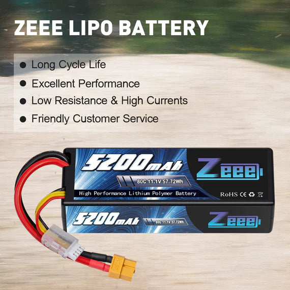 Zeee 3S Lipo Akku 5200mAh 11.1V 80C mit XT60 Stecker Hard Case Akku für RC Car RC Modelle (2 Pack) - LiPo24.de