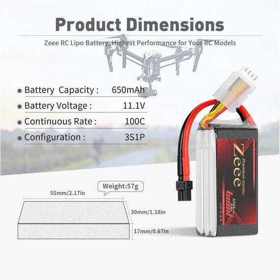 Zeee Premium Series 3S Lipo Akku 650mAh 11.1V 100C Soft Case mit XT30 Stecker für RC Car RC Modelle (2 Pack) - LiPo24.de