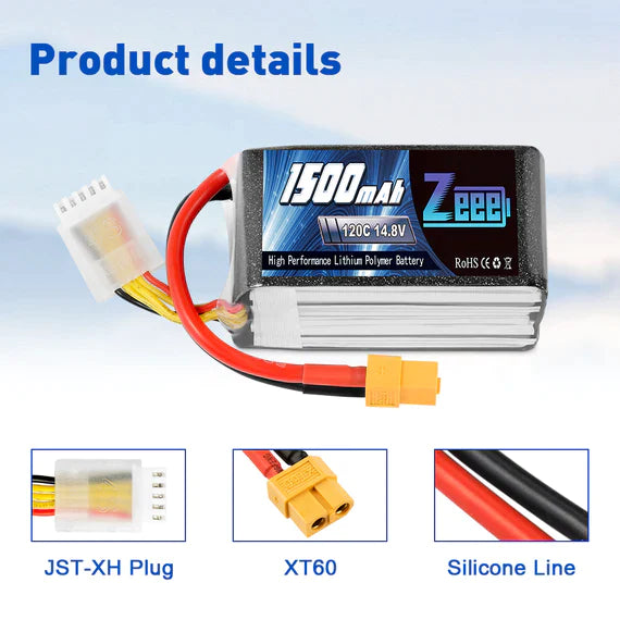 Zeee 4S Lipo Akku 1500mAh 14,8V 120C Graphen Akku mit XT60 Stecker für FPV RC Car RC Modelle (2 Pack) - LiPo24.de