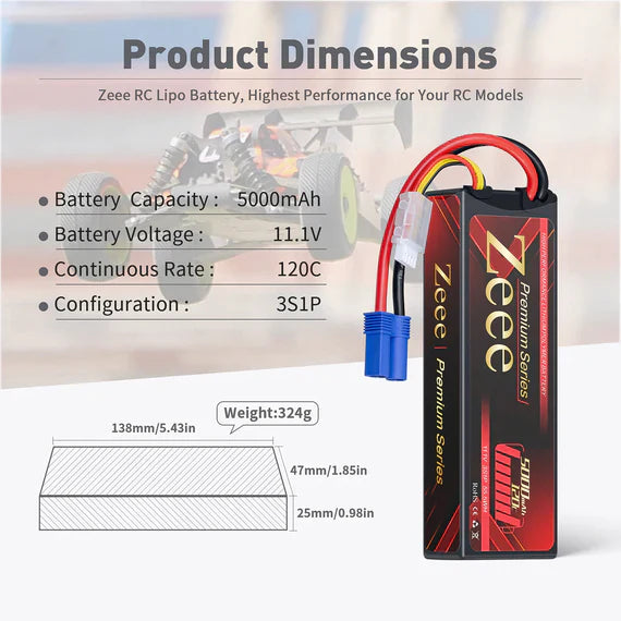 Zeee Premium Series 3S Lipo Akku 5000mAh 11.1V 120C LCG Hartschalenkoffer mit EC5 Anschluss für RC Car RC Modelle (2 St.) - LiPo24.de