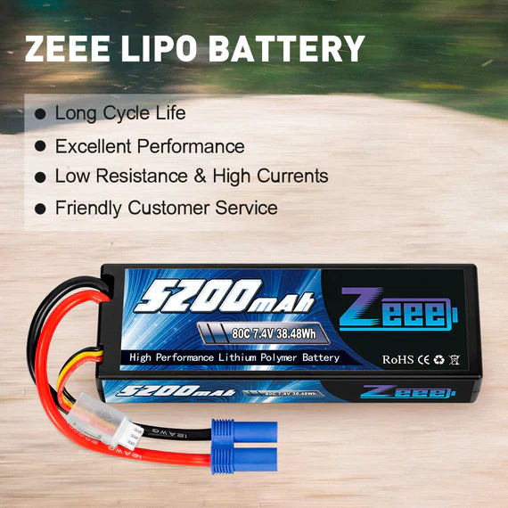Zeee 2S Lipo Akku 5200mAh 7,4V 80C Hartschalenkoffer mit EC5 Stecker Kompatibel mit 1/8 1/10 RC Car (2 Pack)   LiPo24.de