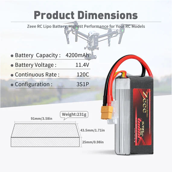 Zeee Premium Series 3S Lipo Akku 4200mAh 11.4V 120C Soft Case mit XT60 Stecker für Rock Crawler Flugzeug Rennmodelle (2 St.)   LiPo24.de