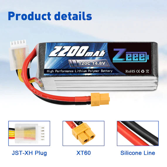 Zeee 4S Lipo Akku 2200mAh 14,8V 120C mit XT60 Stecker RC Graphen Akku für RC Modelle Flugzeug RC Auto (2 Stück)   LiPo24.de