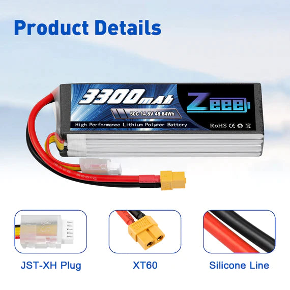 Zeee 4S Lipo Akku 3300mAh 14,8V 50C Soft Case mit XT60 Stecker für RC Flugzeug RC Auto (2 Packungen)   LiPo24.de