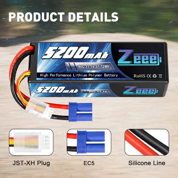 Zeee 3S Lipo Akku 5200mAh 11.1V 80C mit EC5 Anschluss Hardcase Akku für RC Car Racing Modelle (2 St.)) - LiPo24.de