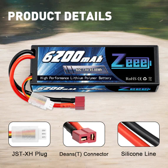 Zeee 2S Lipo Akku 6200mAh 7.4V 60C Hartschalenkoffer mit Deans-Anschluss für RC-Fahrzeuge Auto LKW Truggy Boot (1 Pack) - LiPo24.de