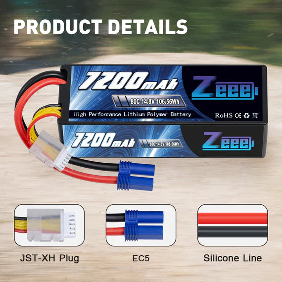 Zeee 4S Lipo Akku 7200mAh 14,8V 80C mit EC5 Anschluss Hartschalenkoffer für RC Car RC Racing Modelle (2 St.) - LiPo24.de