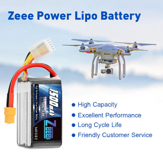 Zeee 4S Lipo Akku 1500mAh 14,8V 120C Graphen Akku mit XT60 Stecker für FPV RC Car RC Modelle (2 Pack) - LiPo24.de
