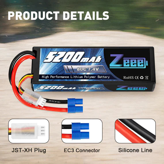 Zeee 2S Lipo Akku 5200mAh 7.4V 80C Hard Case mit EC3 Stecker für 1/8 1/10 RC Fahrzeuge Auto (2 Pack) - LiPo24.de