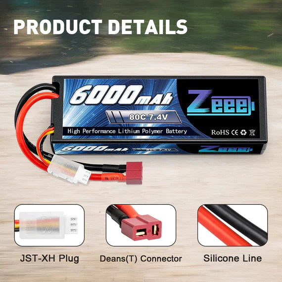 Zeee 2S Lipo Akku 6000 mAh 7,4 V 80 C Hartschalenkoffer mit Deans Anschluss für RC Autos im Maßstab 1:8 (2 Stück)   LiPo24.de