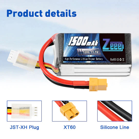 Zeee 3S Lipo Akku 1500mAh 11,1V 120C Graphen Akku mit XT60 Stecker für RC Car RC Modelle (2 Pack)   LiPo24.de