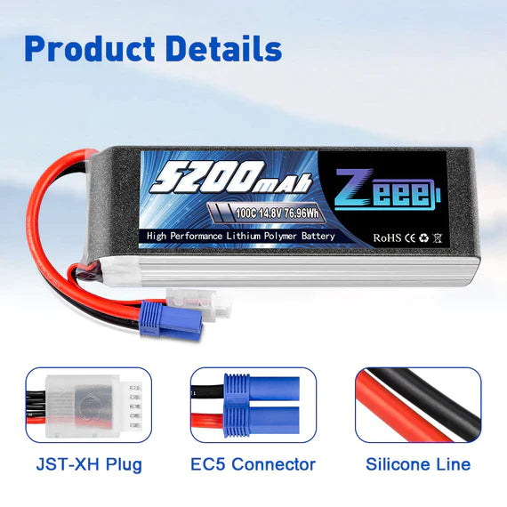 Zeee 4S Lipo Akku 14.8V 5200mAh 100C mit EC5 Stecker Soft Case für RC Flugzeug RC Auto (2 Stück) - LiPo24.de