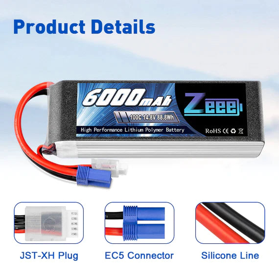 Zeee 4S Lipo Akku 6000mAh 14,8V 100C mit EC5 Stecker Soft Case für Flugzeug RC Car RC Modelle (2 Pack)   LiPo24.de