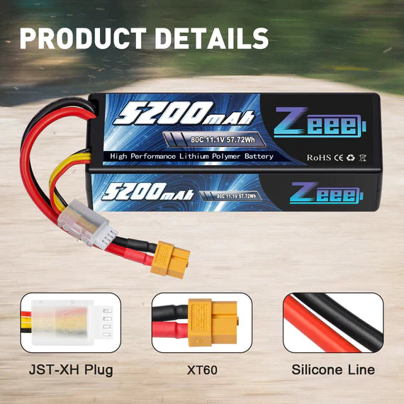 Zeee 3S Lipo Akku 5200mAh 11.1V 80C mit XT60 Stecker Hard Case Akku für RC Car RC Modelle (2 Pack) - LiPo24.de