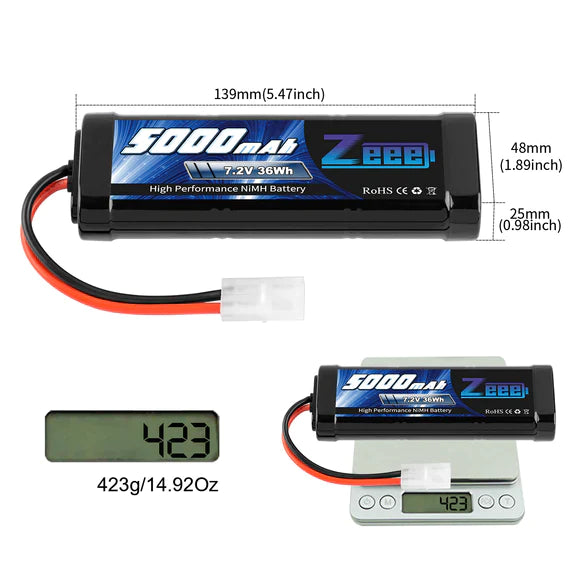 Zeee 7.2 V 5000 mAh NiMH-Akku mit Tamiya-Stecker 6-Zellen-Akkupack für RC-Car-RC-Modelle (2er-Pack) - LiPo24.de