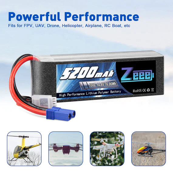 Zeee 4S Lipo Akku 14.8V 5200mAh 100C mit EC5 Stecker Soft Case für RC Flugzeug RC Auto (2 Stück) - LiPo24.de