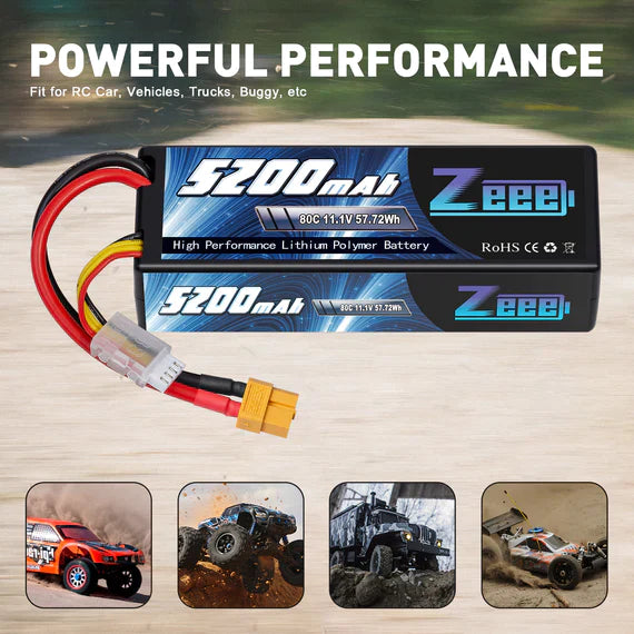 Zeee 3S Lipo Akku 5200mAh 11.1V 80C mit XT60 Stecker Hard Case Akku für RC Car RC Modelle (2 Pack) - LiPo24.de